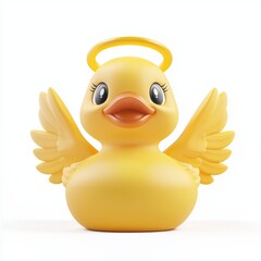 3D icon cartoon of a Rubber Duck with angel wings and a golden halo, isolated on white background