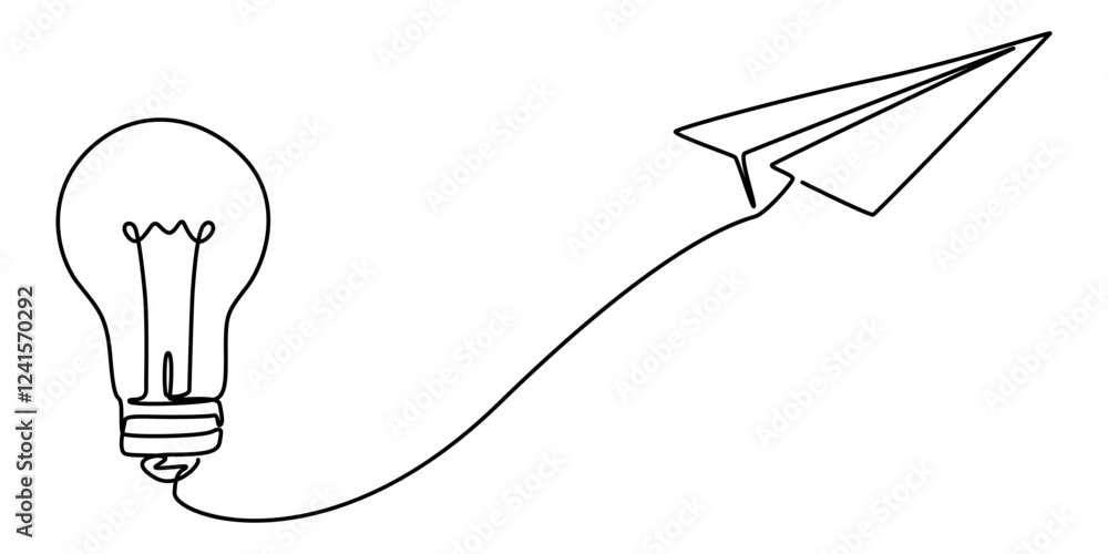 Poster Paper plane flying up connected with light bulb in one continuous line drawing. Airplane in outline style. Startup business idea concept with editable stroke. Vector illustration, pro vector on white.