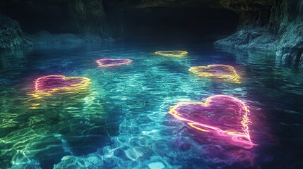 A crystal-clear lake with neon digital currents flowing beneath its surface
