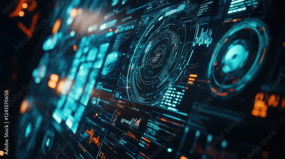 Poster futuristic interface displaying complex data analysis with holographic charts, graphs, and metrics, 
