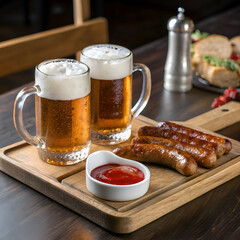 two mugs of beer on the table and a bunch of Bavarian sausages on a plate and a small white ceramic sauce pan with red sauce on the bar table