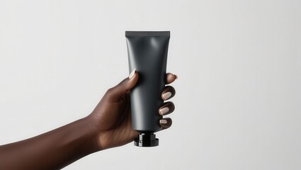 A hand holding a sleek, black tube showcasing modern design and skincare product.