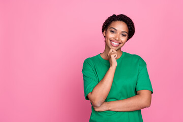 Photo portrait of lovely young lady minded thinking touch chin dressed stylish green garment...