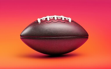A close-up of an American football with textured leather and white laces, placed on a vibrant red and orange gradient background, glowing effect, dramatic lighting