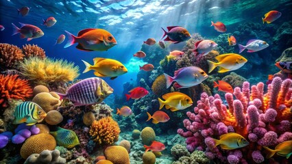 Vibrant Reef Ecosystem A Colorful Underwater Scene Featuring Diverse Fish and Coral