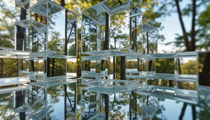 Mirrored cubes reflecting forest scene, dynamic abstract nature