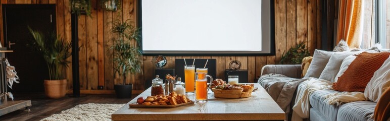 A cozy living room setup with a big TV screen, a group of friends raising their drinks, and a table full of snacks, casual and inviting mockup for Super Bowl with space for text