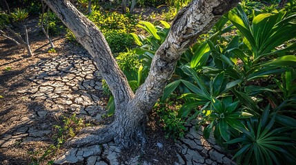 Fototapeta premium tree stands in the center of the frame, with cracked dry earth on the left and lush green plants on the right. The tree is in the center of the picture. The left side represents drought and 
