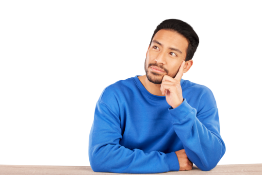 Planning, idea and young man brainstorming for a choice, decision or option by wooden table. Thinking, memory and Indian male person dreaming for reflection isolated by transparent png background.