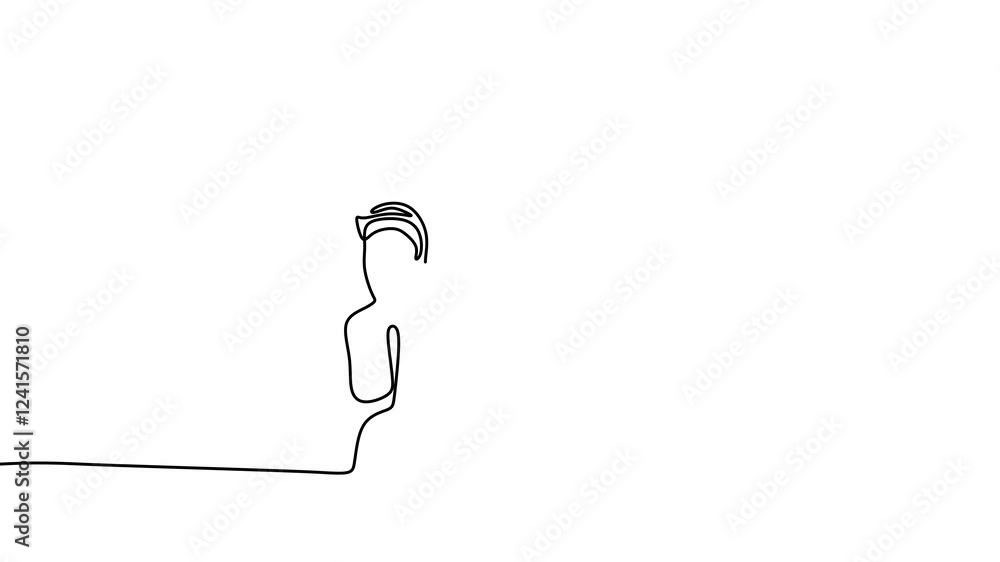 Poster continuous line drawing animation of gamer with protective face mask. two young man look into monito