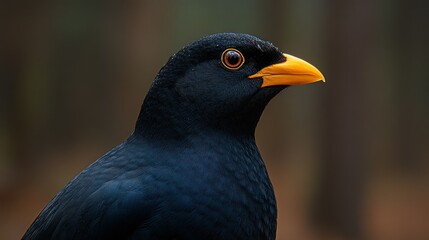 Obraz premium Black bird profile, forest background, wildlife photography, nature