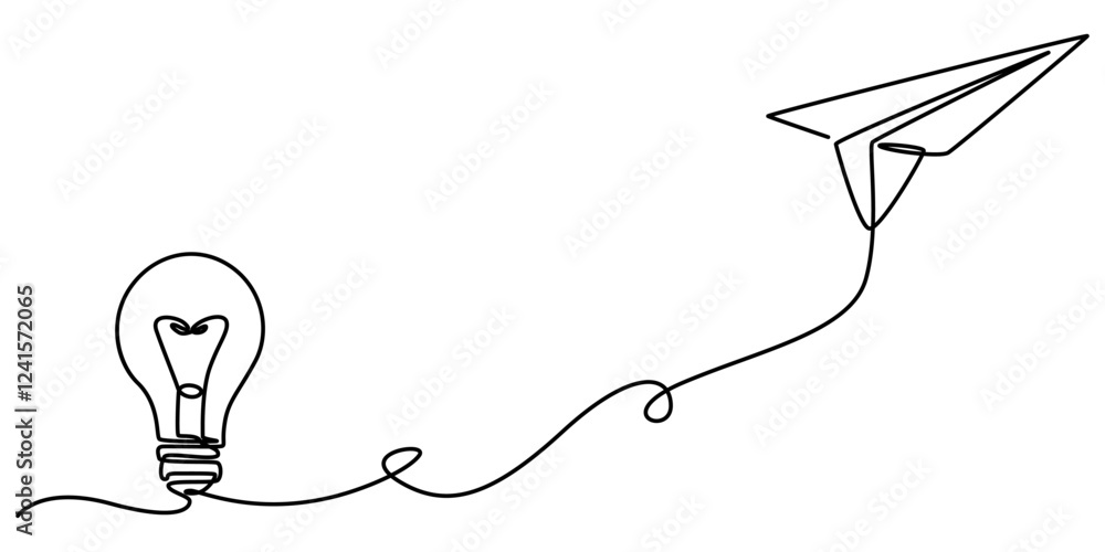 Aufkleber Paper plane flying up connected with light bulb in one continuous line drawing. Airplane in outline style. Startup business idea concept with editable stroke. Vector illustration, pro vector on white.