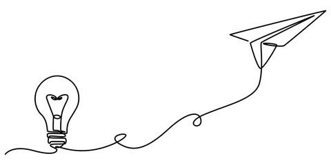 Paper plane flying up connected with light bulb in one continuous line drawing. Airplane in outline style. Startup business idea concept with editable stroke. Vector illustration, pro vector on white.