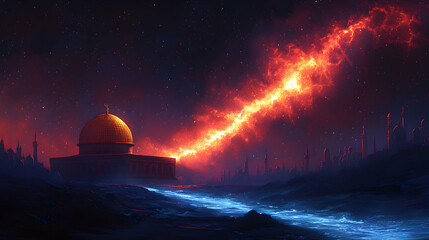 Fiery beam over Dome of the Rock, night cityscape.  Possible use fantasy art, religious imagery