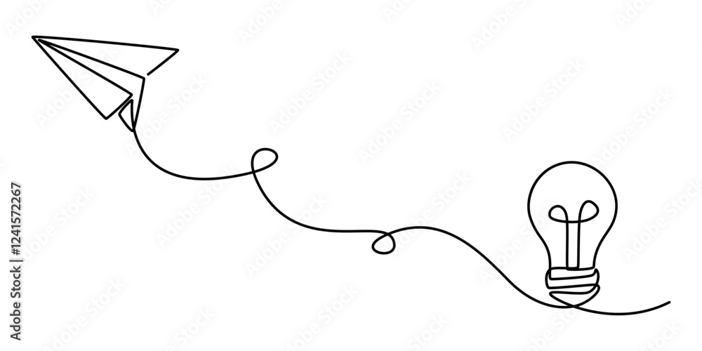 Poster Paper plane flying up connected with light bulb in one continuous line drawing. Airplane in outline style. Startup business idea concept with editable stroke. Vector illustration, pro vector on white.