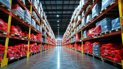Insulation batts bundled in bold red and gray wrapping, arranged in precise rows along a wide warehouse aisle with shelves reaching toward the ceiling.