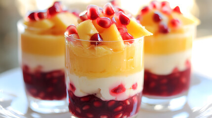 Mango and pomegranate parfait with layers of yogurt and a drizzle of honey.Mango and pomegranate parfait with layers of yogurt and a drizzle of honey.