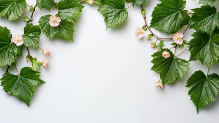 a branch of a green plant with pink berries and green leaves on a white background 