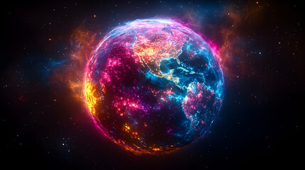 Fiery, glowing Earth in space; cosmic background; climate change concept; science fiction