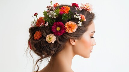 Naklejka premium close up Model with Flowers on Hair. Fashion Beauty Girl with Flowers Hair