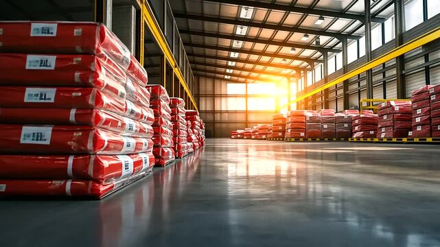 Insulation batts in red and white packaging, arranged methodically in a clean warehouse aisle, with soft natural light streaming through high windows.