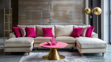 Luxury Living Room Decor featuring Beige Sectional Sofa and Bright Deep Pink Cushions, Coral Coffee Table, and Gold Floor Lamp - Elegant Interior Design Concept.