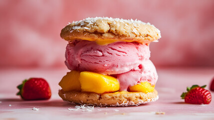 Obraz premium Mango and strawberry ice cream sandwich with a soft coconut cookie base.Mango and strawberry ice cream sandwich with a soft coconut cookie base.