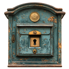 Antique Teal Wooden Mailbox Weathered Exterior Vintage Postbox Grunge Texture Keyhole Detail
