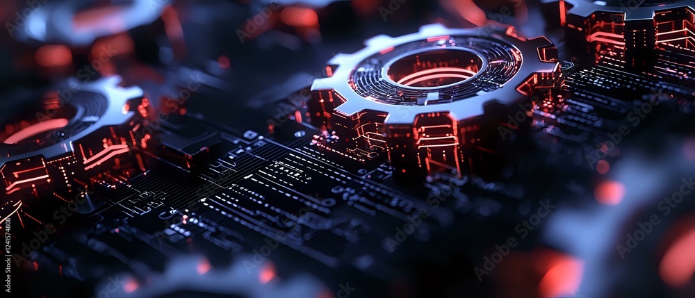 Poster glowing mechanical gear on circuit board with red neon lighting effects, dark technology background 