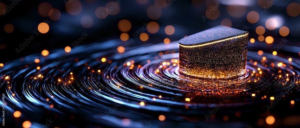 Poster glowing golden cylinder on dark reflective surface creating concentric ripple patterns with bokeh li