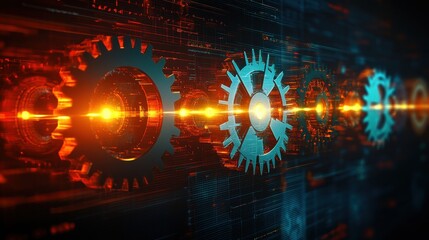 A visually striking image of interlocking gears with a glowing digital background, symbolizing technology and mechanical innovation.