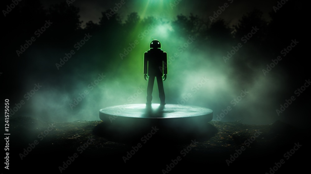 Poster silhouette of an android figure on a platform illuminated by bright light flashes