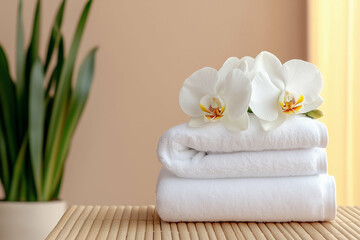Stack of white spa towels with orchids on bamboo mat. White towels and orchids for spa and relaxation decor. Spa towels with white orchids