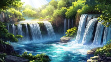 Obraz premium Serene Waterfalls in Lush Green Landscape