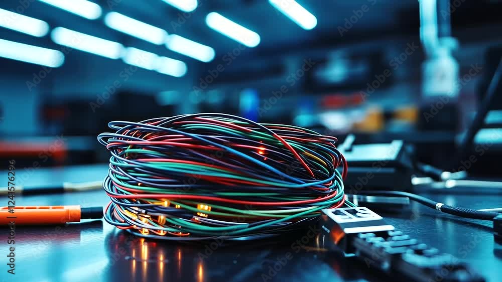 Poster a bundle of multi-colored wiring neatly coiled on a clean metallic workbench, surrounded by precisio