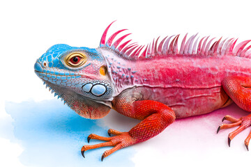 Fototapeta premium Rainbow color reptilian Iguana sitting on white backdrop