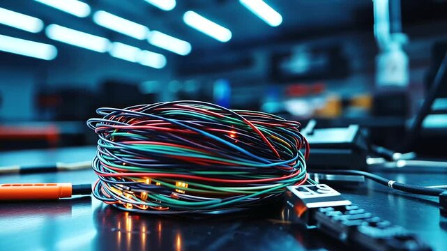 A bundle of multi-colored wiring neatly coiled on a clean metallic workbench, surrounded by precision tools and a digital multimeter, under bright fluorescent lights.