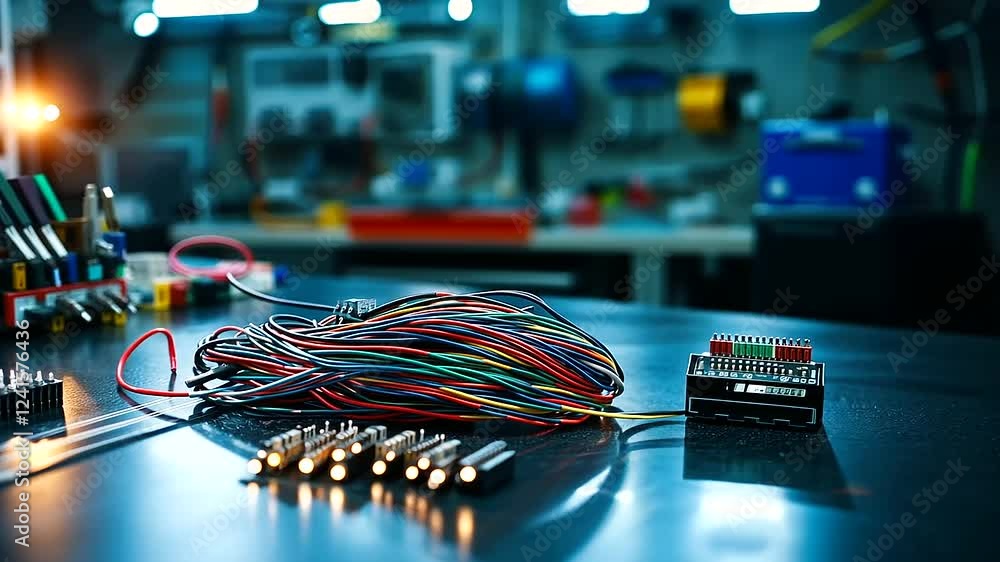 Poster a bundle of multi-colored wiring neatly coiled on a clean metallic workbench, surrounded by precisio