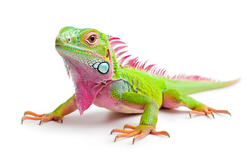 Obraz premium Rainbow color reptilian Iguana sitting on white backdrop