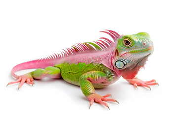 Obraz premium Rainbow color reptilian Iguana sitting on white backdrop