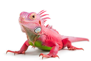 Obraz premium Rainbow color reptilian Iguana sitting on white backdrop