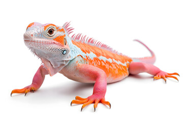 Naklejka premium Rainbow color reptilian Iguana sitting on white backdrop
