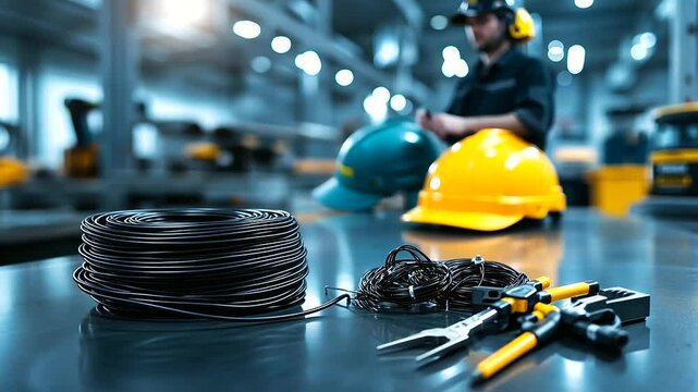 A coil of heavy-duty black electrical wiring on a sleek stainless-steel workbench, paired with a screwdriver set, cable ties, and a rugged construction helmet in the scene.