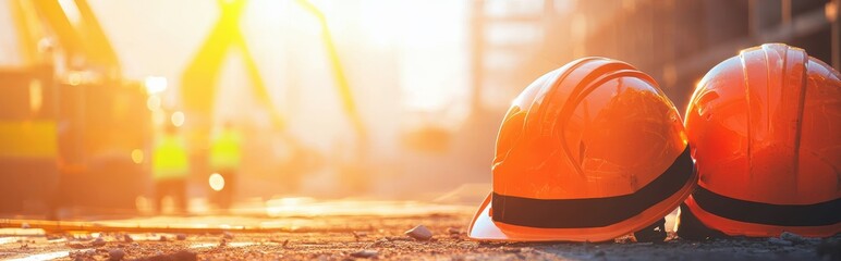 Bold mockup background with space for text decorated with construction site elements, safety vests, and a bright, energetic tone for International Workers Day
