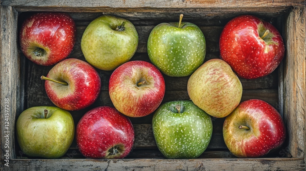 Aufkleber a collection of apples fills a rustic wooden crate, displaying a stunning array of red and green hue