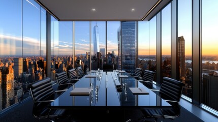 A large conference room with a view of the city