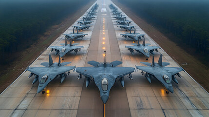 Fighter jets lined up on runway, foggy morning, military airbase, ready for takeoff