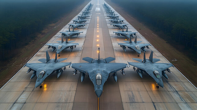 Fighter jets lined up on runway, foggy morning, military airbase, ready for takeoff