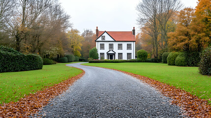 Autumnal driveway leading to a white house, surrounded by colorful trees and manicured lawns; perfect for real estate marketing