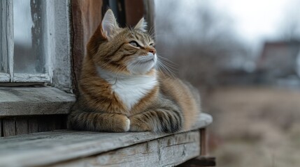 Obraz premium Cat resting on rustic windowsill, rural autumn view